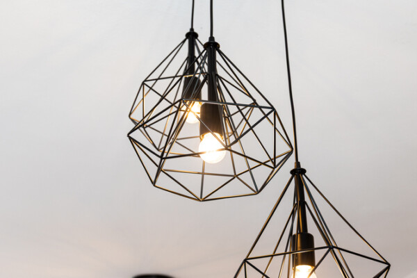 Modern pendant ceiling lights in stylish interior at Azzure Studio in Kokkari Samos
